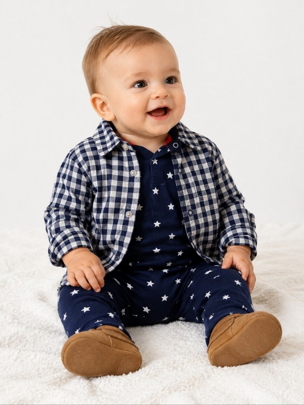Baby Boden Gingham Check Blue Gray Stars Cotton Snaps Button Down Shirt Photos